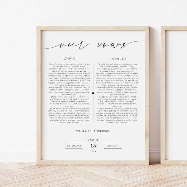 Wedding Vows First Anniversary Gift Template, Our Wedding Vows Template Wall Art Printable, His And Her Vows, Our Vows Editable, Download