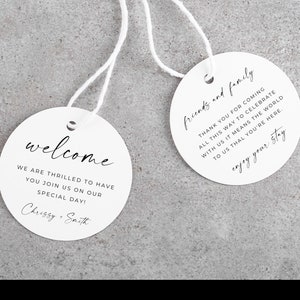 Etiqueta de sacola de boas-vindas para hotel de casamento, etiqueta redonda para presente de casamento, conjunto de etiquetas de boas-vindas impressas, etiquetas redondas para convidados de hotel de casamento, editável, Canva