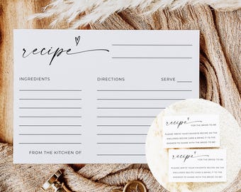 Recipe Request Card Bridal Shower, Minimalist Recipe Card Template, Printable Recipe Insert, Modern Recipe Cards, Editable Template, Canva