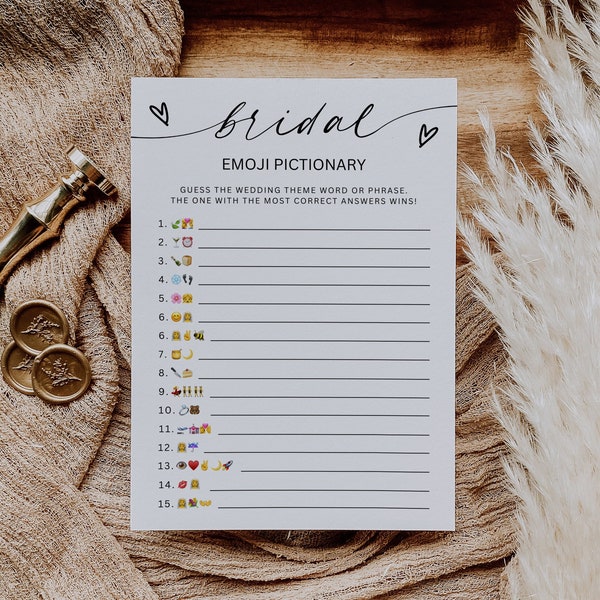Emoji Pictionary Bridal Shower Answers, Minimalist Bridal Party Games, Hens Bachelorette Party Games, Emoji Picture Game, Editable, Download
