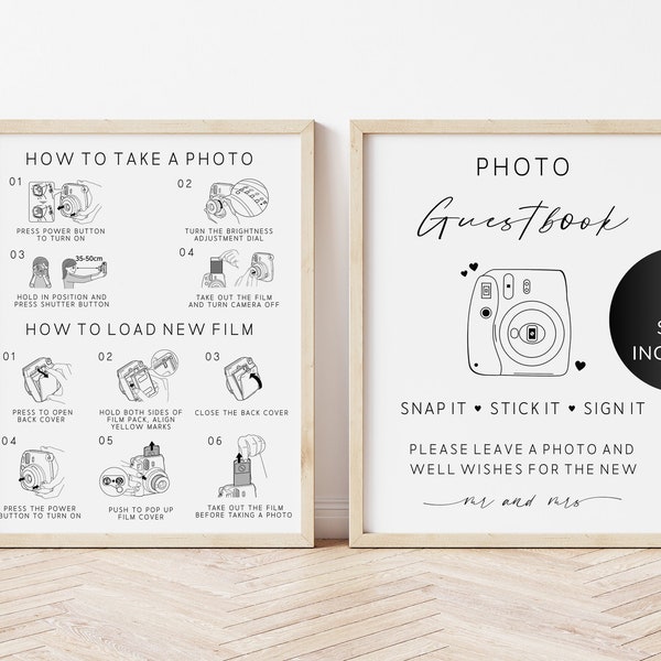 Wedding Instax Mini 9 Polaroid Guest Book, Editable Camera Instructions, How to Take Photo, Load New Film, Photo Guestbook Sign, Download