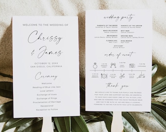 May include: Wedding ceremony program fan with black text on white paper. The fan features the names Chrissy & James, the date October 12, 20XX, and the location San Diego, California. The program includes the order of events for the ceremony and reception, as well as a thank you message to guests.