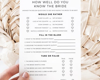 How Well Do You Know The Bride Template, Modern Minimalist Bridal Shower Game, Wedding Trivia Game, Bridal Quiz Game, Editable, Canva