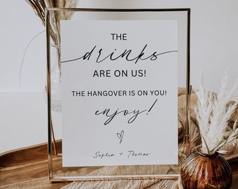 Bar Signs For Wedding Downloadable, The Drinks Are On Us The Hangover Is On You, Open Bar Sign, Modern Minimalist Wedding Sign, Editable