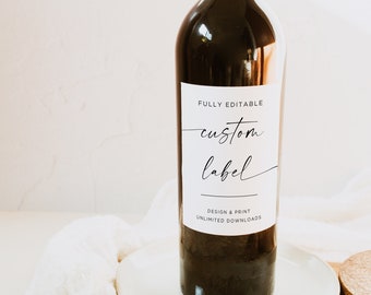 May include: A red wine bottle with a white label that says "FULLY EDITABLE custom label DESIGN & PRINT UNLIMITED DOWNLOADS".