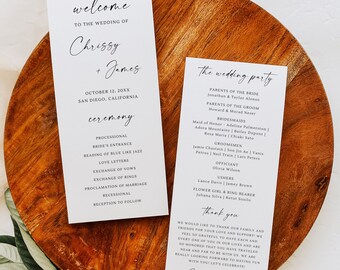 May include: A wedding ceremony program with a white background and black text. The program lists the order of events for the wedding ceremony of Chrissy and James, which will take place on October 12, 20XX in San Diego, California. The program also includes a list of the wedding party members.