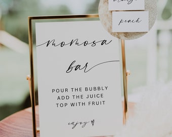 Momosa Bar Sign & Tag, Minimalistische Baby Shower Mimosa, Bubbly Bar Sign, Moderne Baby Bruidsdouche, Bewerkbare download, Canva-sjabloon