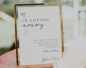 May include: A gold-framed sign with the text "IN LOVING memory" and a small floral design. The sign also includes the text "FOR THOSE WHO CANNOT BE HERE TODAY, BUT ARE FOREVER PRESENT IN OUR HEARTS. today and always Sophia + Chris".