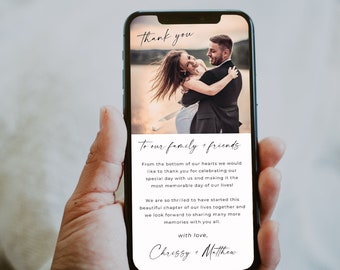 Biglietti di ringraziamento per matrimonio elettronico, Biglietto di ringraziamento per matrimonio minimalista, Telefono moderno modificabile Grazie, Messaggio di testo digitale Boho, Canva