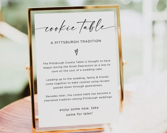 May include: A white sign with gold trim, announcing a "cookie table", a Pittsburgh wedding tradition. The sign explains that the cookie table began during the Great Depression as a way to save on the cost of a wedding cake. It also mentions that family and friends come together to bake cookies using recipes passed down through generations.