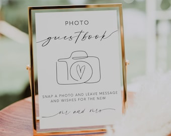 Letrero para libro de visitas con cámara Polaroid, letrero minimalista con foto, letrero para libro de visitas con foto de boda, letrero imprimible con foto, Canva Edit