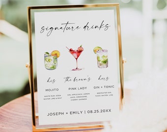 Signature Drink Sign Template, Wedding Bar Menu Sign, Signature Cocktail Sign, His Hers Drink Sign, Canva, EditableTemplate, 150+ Drinks