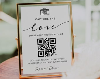 Capture The Love Wedding Sign, Wedding QR Code Signs, Wedding Photo Sign, Share the Love, Instant Download, Editable Template, Canva