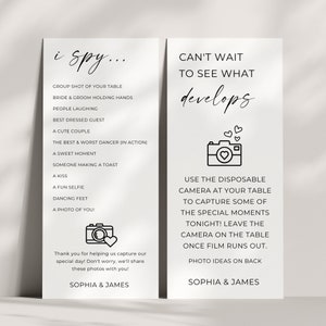 Jogo de casamento com câmera descartável, jogo de casamento I SPY, mal posso esperar para ver o que acontece, mesa de jogos de casamento, monograma moderno, modelo editável
