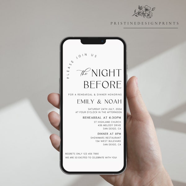 Electronic Rehearsal Dinner Invitation Template, Minimalist Digital Rehearsal Dinner Invite, The Night Before Wedding Invitation, Editable