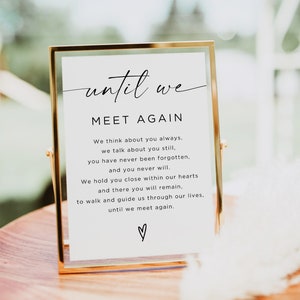 Modelo de placa minimalista em memória amorosa, placa até nos encontrarmos novamente, placa de mesa memorial de casamento, para sempre em nossos corações, Canva, editável