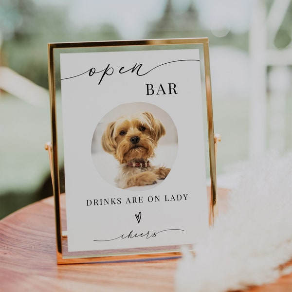 Signo de perro de barra abierta, signo de bebida de foto de mascota para boda, signo de menú de bar imprimible, signo de boda minimalista moderno, foto de perro, plantilla editable