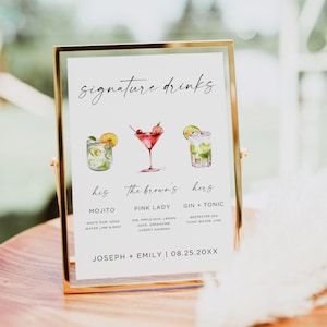 Modelo de placa de bebida exclusiva, placa de menu de bar de casamento, placa de coquetel exclusiva, placa de bebida dele, Canva, modelo editável, mais de 150 bebidas