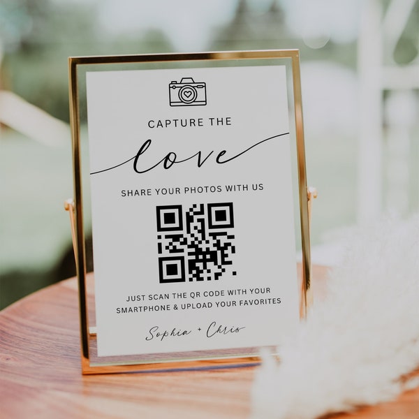 Capture The Love Wedding Sign, Wedding QR Code Signs, Wedding Photo Sign, Share the Love, Instant Download, Editable Template, Canva