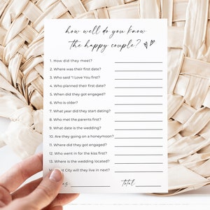 How Well Do You Know the Happy Couple, Bridal Shower Printable Games, Couples Wedding Shower Games, Trivia Game, Instant Download, Canva