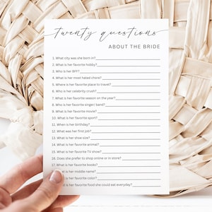 20 Fragen über die Braut, minimalistische Brautparty-Trivia-Spielkarte, wie gut kennen Sie die Braut, bearbeitbarer Download, Canva, 5x6, 4x6