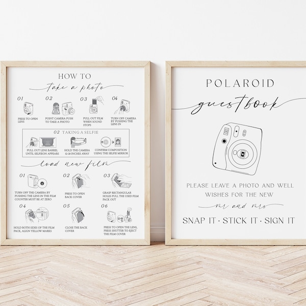 Polaroid-Gästebuch-Schild, Instax-Anleitung, Instax Mini 12, Anleitung zum Laden einer neuen Filmkamera, Anleitung zum Aufnehmen eines Fotos, Download