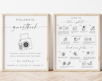 Instrucciones para Instax Square SQ1, letrero para libro de visitas Polaroid, cómo cargar una nueva cámara con película, letrero con instrucciones, cómo tomar una foto, descarga de CANVA