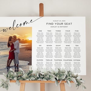 Hochzeits-Sitzplanbrett mit Bild, horizontaler Foto-Sitzplan, Hochzeits-Sitzplan, Tischsitzplan, bearbeitbar, Canva