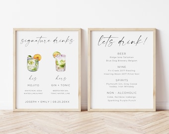 Signature Drink And Bar Menu Sign, His And Hers Drinks Sign, Wedding Signature Cocktails, Wedding Sign Bundle, Editable Sign Template, Canva