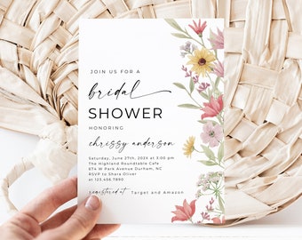 Boho Floral Bridal Shower Invitation Template, Wildflower Bridal Shower Invites, Colorful Bohemian Invitation, Editable Download, Canva