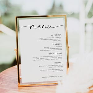 Modèle de Menu de mariage 5 x 7, 8 x 10, menu de mariage moderne minimaliste, menu du dîner de mariage script, menu du dîner de réception, téléchargement immédiat