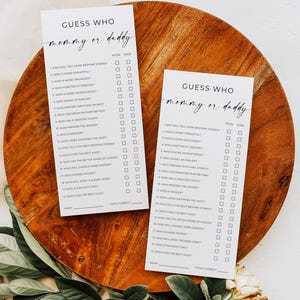 Juego Adivina quién es mamá o papá, juego minimalista para baby shower, juego para fiesta de baby shower, juego para baby shower, juego de trivia sobre quién lo dijo, editar, Canva