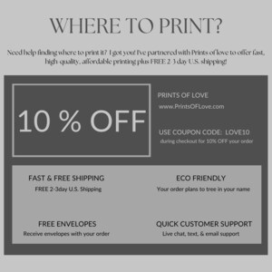 Op de afbeelding: Een grijs-witte grafiek met de tekst "WHERE TO PRINT?" en "10% OFF". De grafiek bevat ook informatie over snelle en gratis verzending, milieuvriendelijk printen, gratis enveloppen en snelle klantenservice. De tekst "PRINTS OF LOVE" en "www.PrintsOFLove.com" is ook inbegrepen. De grafiek biedt 10% korting met de code "LOVE10".
