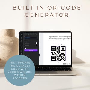 Peut inclure: Un &eacute;cran d'ordinateur portable affichant un g&eacute;n&eacute;rateur de code QR. Le texte &agrave; l'&eacute;cran indique "Si vous vous &ecirc;tes amus&eacute;s et que vous souhaitez faire un don &agrave; notre fonds de voyage de noces." Le texte sous le code QR indique "MERCI".
