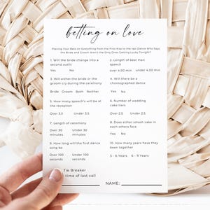 Hochzeit Prop Bet Sheet, Hochzeit platzieren Sie Ihre Wetten, lustiges Empfangsspiel, Brautparty Spiele, Hochzeit Duschspiele, bearbeitbare Vorlage, Canva