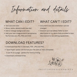 Puede incluir: Una descarga digital imprimible para una invitaci&oacute;n de boda. El texto en la p&aacute;gina dice "Informaci&oacute;n y detalles" y enumera lo que se puede y no se puede editar en la plantilla. El texto tambi&eacute;n describe las caracter&iacute;sticas de descarga, incluida la posibilidad de descargar el archivo en tres formatos: PDF, JPG y PNG.