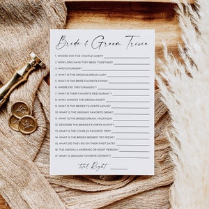 Minimalistische Braut oder Bräutigam Brautdusche Spiel, Brautdusche Trivia Spiel, Verlobungsfeier Paar Spiel, druckbare Karte, bearbeitbar, Canva