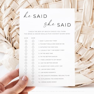 Il a dit qu'elle a dit modèle de jeu de douche nuptiale, jeu de douche nuptiale, imprimable il a dit qu'elle a dit carte de jeu, jeu de mariage minimaliste, modifiable