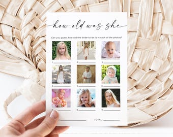 How Old Was The Bride Game, Minimalist Modern Bridal Shower Game, How Old Was the Bride To Be, Guess the Bride's Age Game, Canva, Editable
