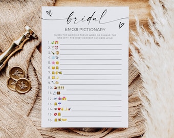 Respuestas de Pictionary con emojis para despedida de soltera, juegos minimalistas para despedidas de soltera, juegos para despedidas de soltera, juego de imágenes con emojis, editable, descargable.