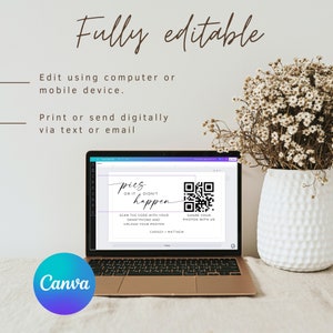 Puede incluir: La pantalla de una computadora port&aacute;til muestra un cartel imprimible con el texto "Pics or it didn't happen" y un c&oacute;digo QR. El cartel indica a los usuarios que escaneen el c&oacute;digo con su tel&eacute;fono inteligente y carguen sus fotos. El cartel tambi&eacute;n incluye los nombres "Chrissy + Matthew".
