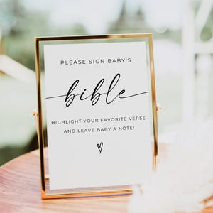 Baby Bible Guest Book Sign, Please Sign Baby&#39;s Bible Sign, Modern Minimalist Baby Shower Template, Editable Sign, Instant Download, Canva
