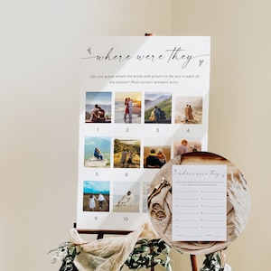Wo waren sie Brautspiel-Poster, minimalistische Foto-Ratespielkarte und Schild, Duschspiel für Paare, Canva, bearbeitbarer Download, Canva