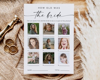 How Old Was The Bride Game, Minimalist Wedding Template, Couples Bridal Shower Game, Age Guessing Game, Photo Activity, Hen Party, Canva