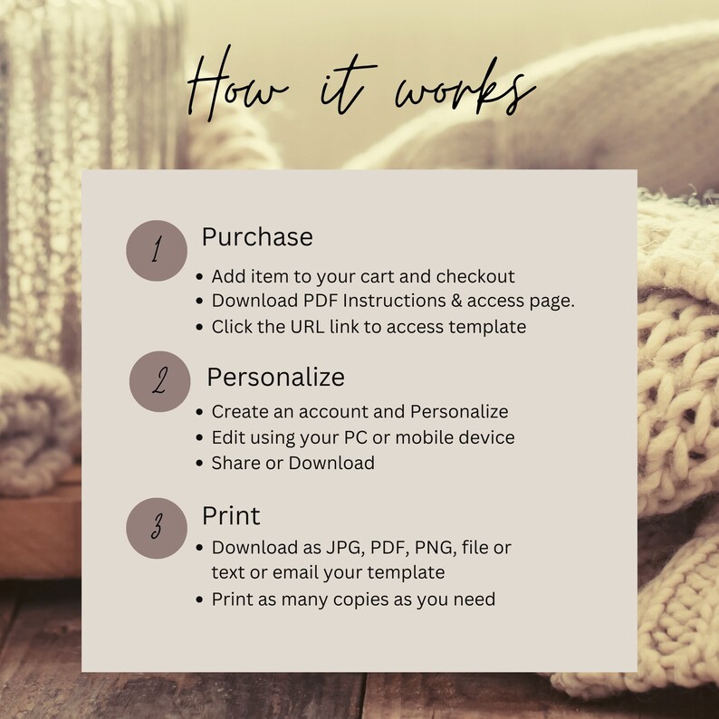 K&ouml;nnte beinhalten: Ein beigefarbenes Grafikdesign mit dem Text &bdquo;How it works&ldquo; oben. Die Grafik beschreibt die Schritte zum Kaufen, Personalisieren und Drucken einer Vorlage. Die Schritte umfassen das Hinzuf&uuml;gen eines Artikels zum Warenkorb, das Herunterladen von Anweisungen und die Bearbeitung auf einem PC oder Mobilger&auml;t.