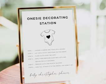 Onesie Decorating Station Sign, Decorate a Onesie, Baby Shower Activity Template, Heat Press and Vinyl, Decorate a Bib, Editable, Canva
