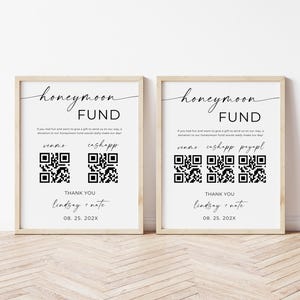 Honeymoon Fund Wedding Sign, Venmo Honeymoon Wish Sign, QR Code Modern Wedding Sign, Wedding Cash Gift, Canva Template, Instant Download image 2
