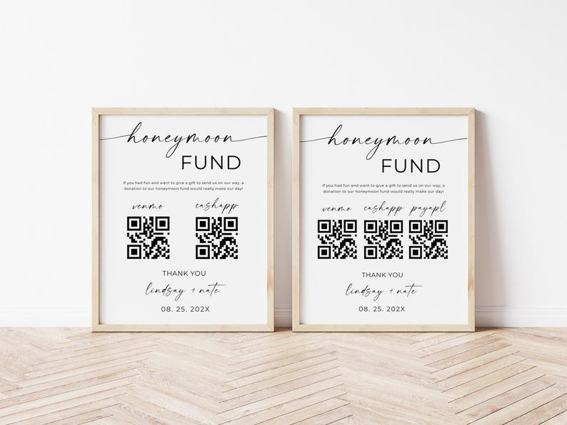Honeymoon Fund Wedding Sign, Venmo Honeymoon Wish Sign, QR Code Modern Wedding Sign, Wedding Cash Gift, Canva Template, Instant Download image 2