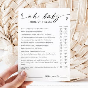 Baby Shower Game True or False, Oh Baby True or False, Minimalist Baby Shower Games Printable, Editable Download, Canva Template