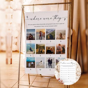 Foto "Var var de"-affisch med bröllopsspel, minimalistisk gissningsspelskort och skylt, duschspel för par, Canva, redigerbar nedladdning, Canva